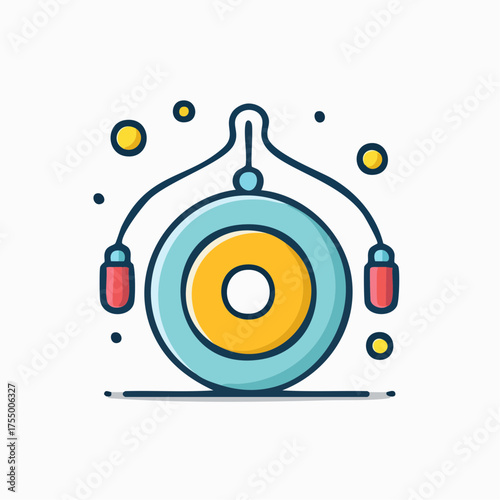 A stylized illustration of a jump rope with a circular handle and two red grips.