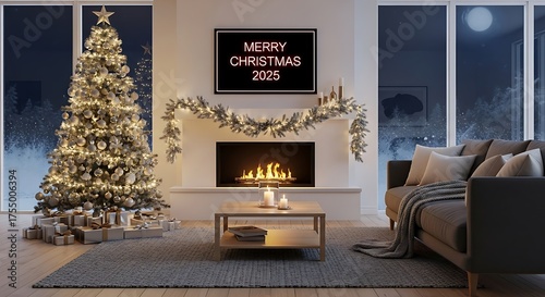 Merry christmas tree gifts fireplace living room home decor holiday celebration festive season winter night