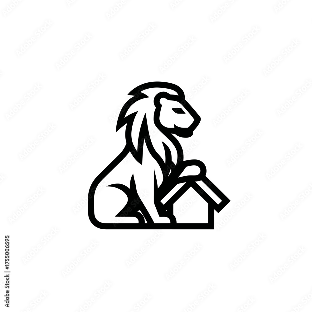 Fototapeta premium A stylized monochrome illustration of a regal lion perched beside a simple representation of a house