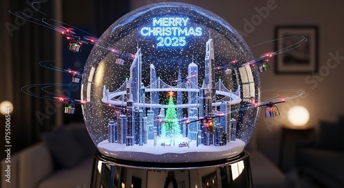 Merry christmas snow globe christmas tree drones delivering gifts cityscape futuristic holiday season
