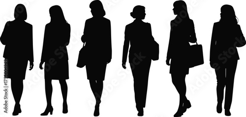 Businesswoman silhouettes walking, professional attire, briefcase and handbag, career concept, black vector figures, white background, workplace diversity, stylish pose