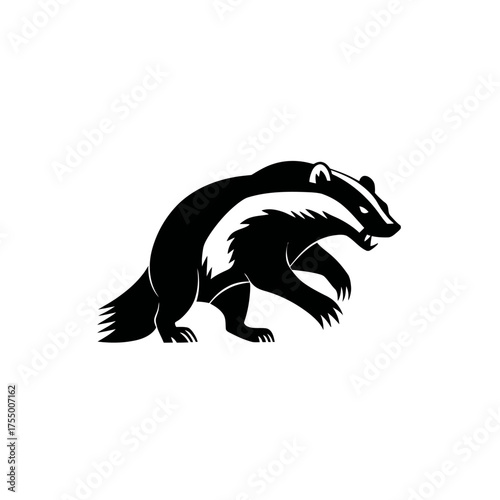 A stylized illustration of a badger, depicted in black and white. It is in a dynamic, walking pose