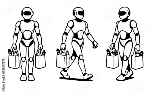 Set of three vector drawings of humanoid robot carrying grocery shopping bag