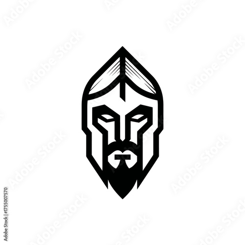 Black and white geometric illustration of a bearded warrior's face in profile, on a white background