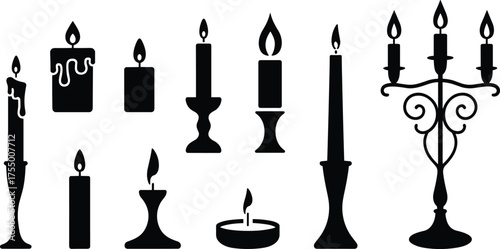 Candle silhouette set, ornate holders, tea light, candelabrum, dripping wax, black vector illustration, festive decor, holiday theme, spiritual design