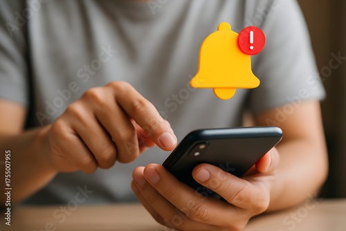 Alert notification concept. Mobile error or problem, Reminder, Push Notifications. Person using smartphone with bell notification icon on virtual screen.