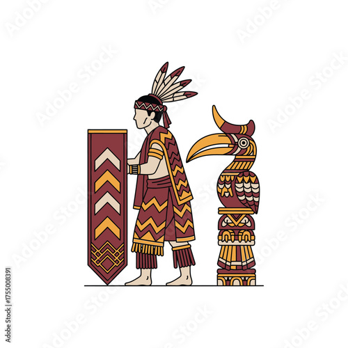 Dayak Warrior in Traditional Attire with Shield and Hornbill Statue.