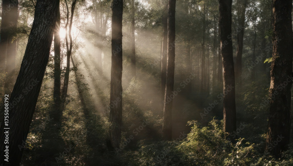 Naklejka premium Sunlight streams through a misty forest, illuminating tall trees and lush undergrowth