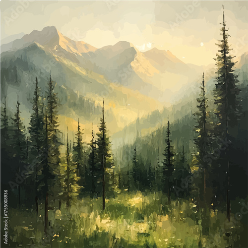 Classic landscape oil painting of mountain and forest scenery, natural light, realistic style.
