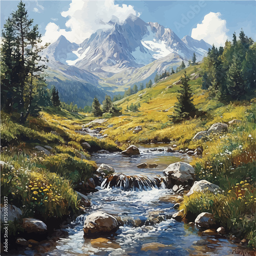 Classic landscape oil painting of mountain and forest scenery, natural light, realistic style.
