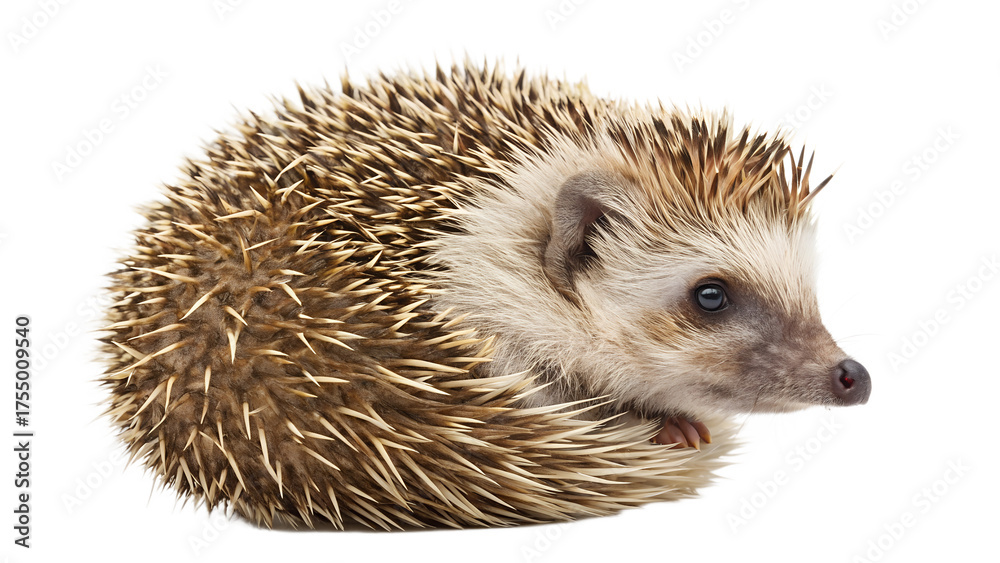 Fototapeta premium Isolated European hedgehog curled up in a ball, spines visible, ready to protect itself