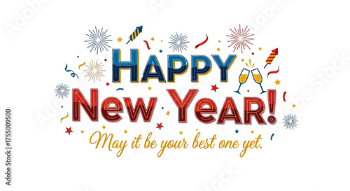 Celebrate with vibrant 'Happy New Year!' greetings featuring sparkling champagne, fireworks, and festive confetti, wishing everyone their best year yet!