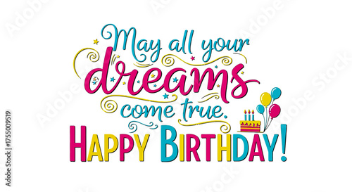 Make every birthday magical with vibrant wishes and festive elements like balloons and cake, celebrating dreams coming true for a truly happy occasion!