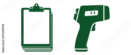 Clipboard with Blank Paper and Infrared Thermometer Icons on White Background notepad document