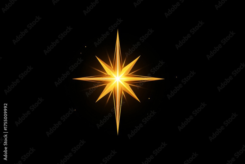 Fototapeta premium A bright golden abstract star shape with sharp points glows intensely against a solid black background space.