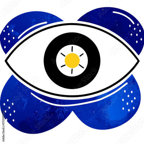 Conceptual Eye Symbol with Sad Smiley Pupil and Abstract Blue Shapes