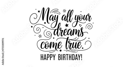 Inspiring typography wishing happiness and dreams come true for a special birthday celebration, perfect for greeting cards and festive designs.