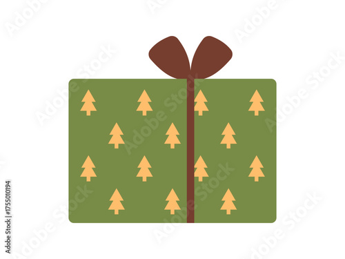 Vector illustration of green gift box with small yellow Christmas trees, brown ribbon, and a bow. Festive present icon for Christmas, holiday cards, winter decor, greeting, and wrapping.