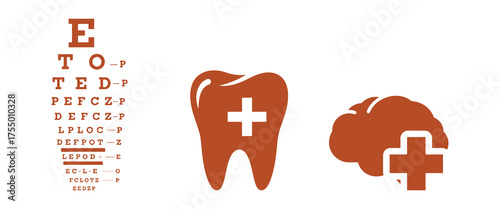 Eye Chart Tooth and Brain Icons with Medical Crosses on White Background vision test optometry