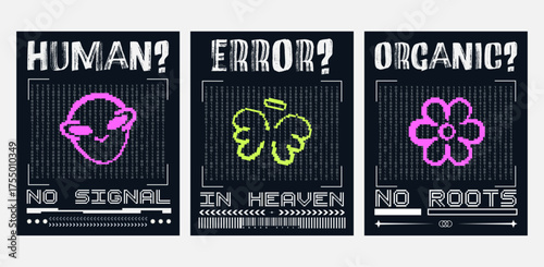 Y2K pixel and cybercore brutal poster set with a glitchy digital aesthetic and symbolic, neon icons. Futuristic design for digital posters, tech aesthetics, and streetwear prints.Vector illustration