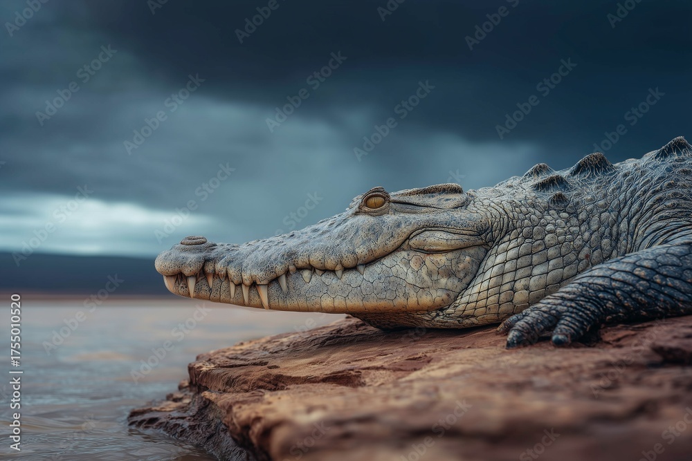 Obraz premium Crocodile resting on rock near water under cloudy sky.