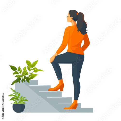Business concept illustration of a woman climbing arrow stairs, growth metaphor, flat vector, white background 
