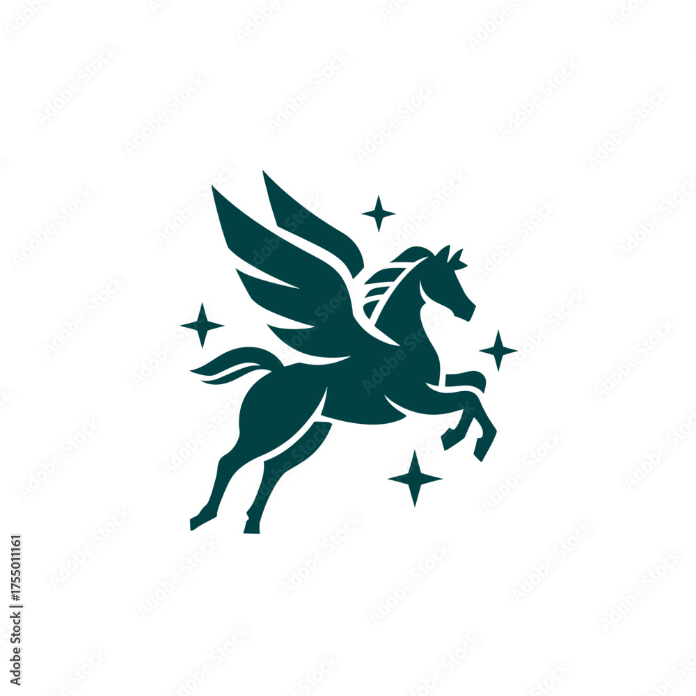 Fototapeta premium A dark teal-colored mythical horse with wings and stars on a white background
