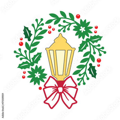 Vector art of christmas wreath with a lantern and a red bow