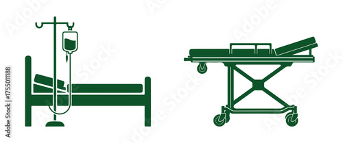 Hospital Bed with IV Drip and Medical Stretcher Icons on White Background medical bed patient bed