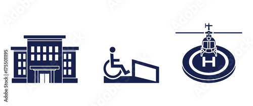 Hospital Building Accessible Entrance and Helipad Icons Set Keywords: hospital, building, architecture, medical facility, healthcare