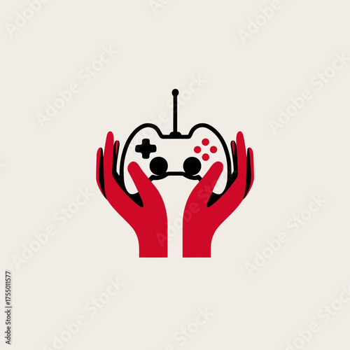 A gamepad illustration held by two stylized red hands on a beige background