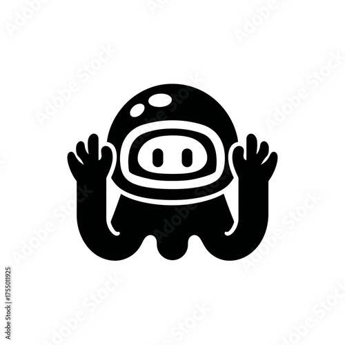 A black and white, cartoonish figure with arms raised, wearing a helmet. A playful, minimalist design