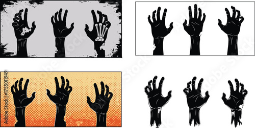 Zombie hand icon set, horror silhouettes, undead theme, comic and grunge styles, Halloween design, vector illustration, spooky panel collection.eps