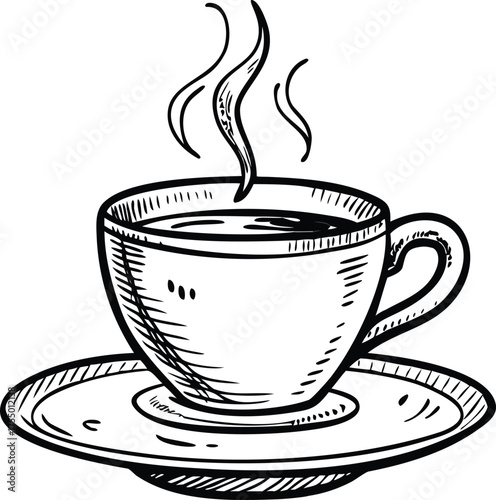 Steaming Coffee Cup with Sketch Style Aroma: A Black and White Vector Illustration of a Hot Drink