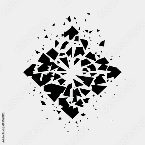 A geometric abstract illustration with a central exploding form composed of various black shapes