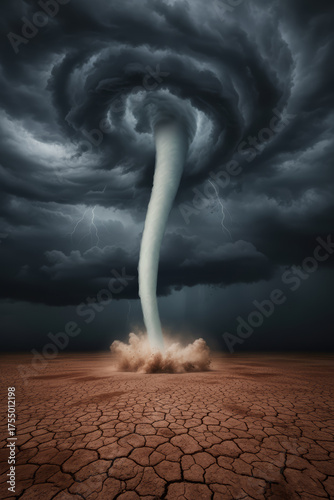Tornado in barren landscape, powerful storm twisting through cracked dry earth and dramatic desert sky