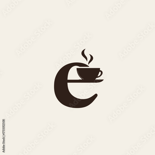 Coffee cup atop a stylized letter 'e', with steam. Minimalist, modern design, monochrome color scheme