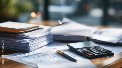 A desk with a calculator, pen, and stack of papers in the foreground, with a blurred background of a window and a chair.