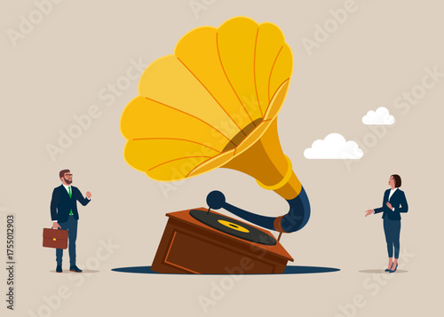 Gramophone fell into a pit. Unsuccessful. Unsuccessful of music, cooperation, partnership. Audio records on vintage LP. Vector illustration in flat style. 