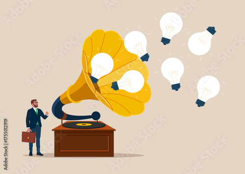 Light bulbs idea out of the gramophone. Attracting attention. Think big, aspiration to win and success in business. . Vector flat illustration.