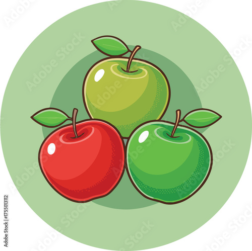 Fresh red and green apples vector illustration with leaves on green background healthy fruit design
