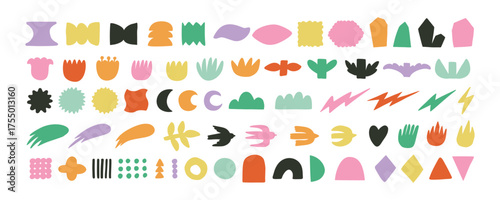 Y2K Minimalist retro Vector Geometric Shapes Set. Hand drawn Symbols, Labels and Icons. Birds, Flowers, moon and Circles with ZigZag Edge