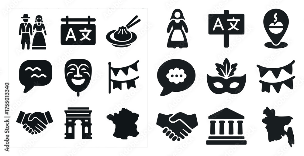 Naklejka premium Cultural celebration solid icons set – festival, mask, landmark symbols