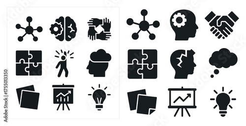 Teamwork and collaboration icons set – solid, filled, brainstorming and synergy visuals