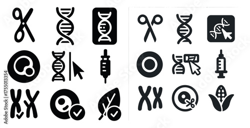 Genetic engineering solid icons set – filled, outline, dna and biotech symbols