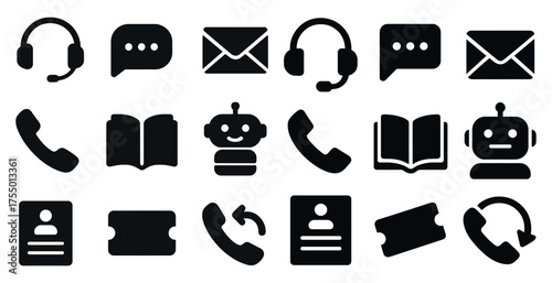Communication and technology icons set: solid, filled, gadget and device symbols