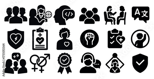 Communication and support solid icons set – filled, team, collaboration graphics