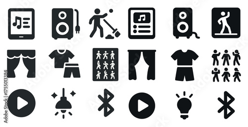 Music and activities solid icons set – filled, entertainment, leisure symbols