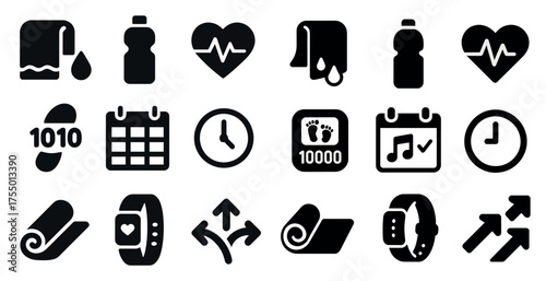 Fitness and wellness icons set: solid, filled, exercise and health symbols