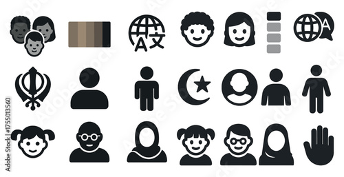 Diversity and inclusion icons set – solid, silhouette, cultural representation symbols